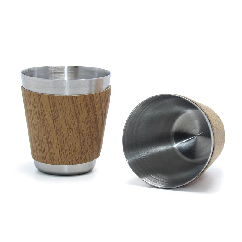 30ml Mini Wood Leather Wrap Pattern Outdoor Metal Shot Glass Beer Coffee Water Drinking Home Kitchen Bar Stainless Steel Cup