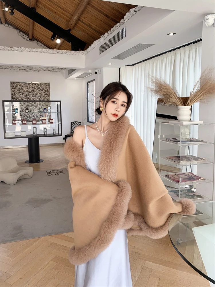 OFTBUY 2021 New Luxury Winter Jacket Women Ponchos Natural Real Fox Fur Collar Cashmere Wool Blends Coat Warm Fashion Outerwear