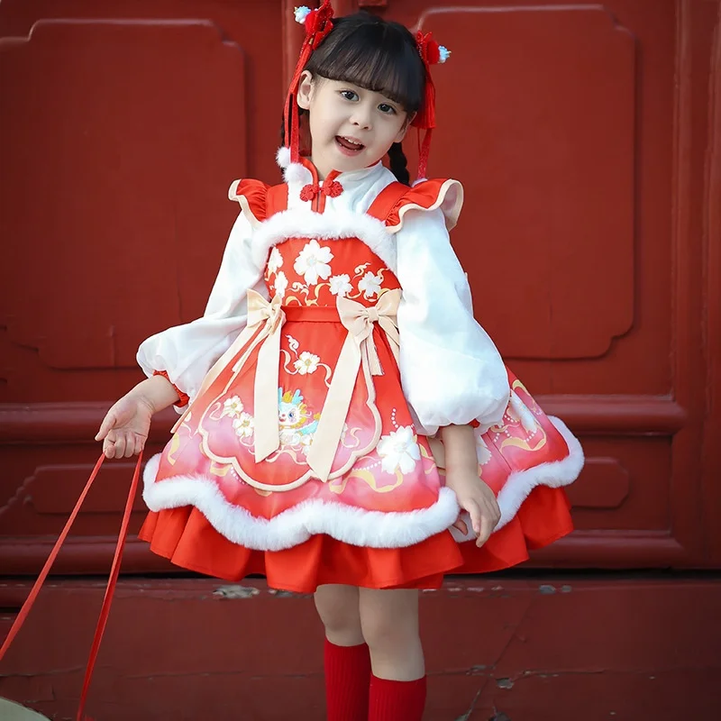 Winter New Style Chinese Knot Button New Year Dress Lolita Spanish Children Girls Dresses