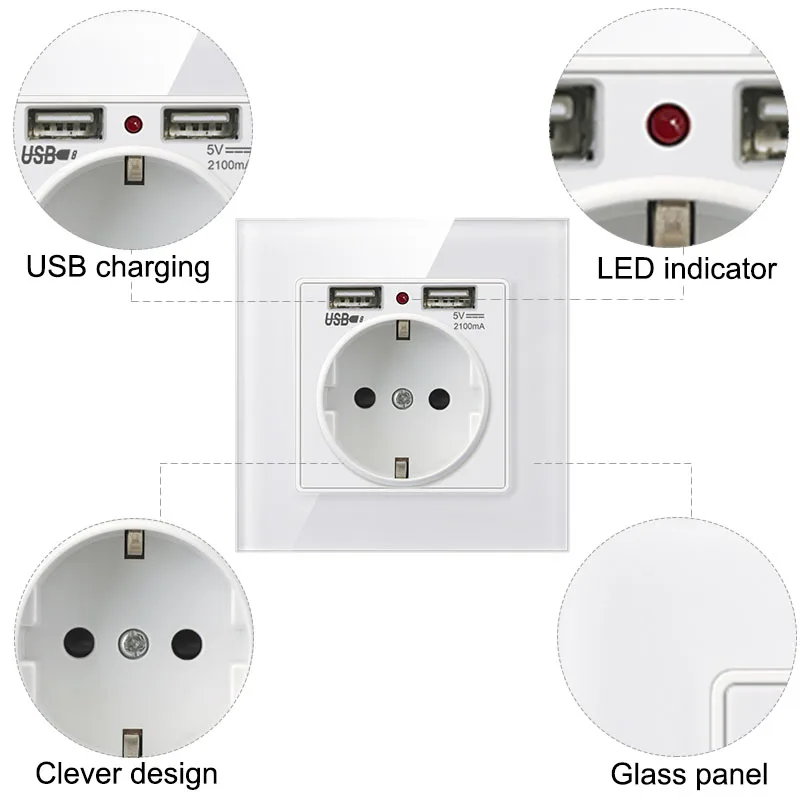 EU Standard 16 amp Glass Panel Homes Outlet Electric Cover Electrical Plate Power Plug USB German Outlet Wall Sockets