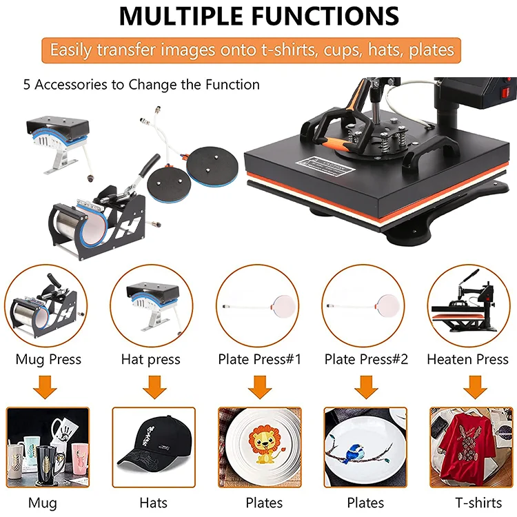 Tylor Heat Press Machine, 15x15 Inch, 5 in 1 Combo Swing Away T-Shirt Sublimation Transfer Printer with Teflon Coated, Precise