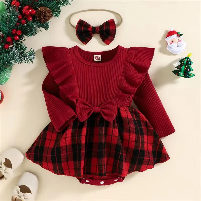 Green Horizon Christmas Baby Girl Red Knit Sweet Romper Plaid Skirt + Headband Sets For Babies