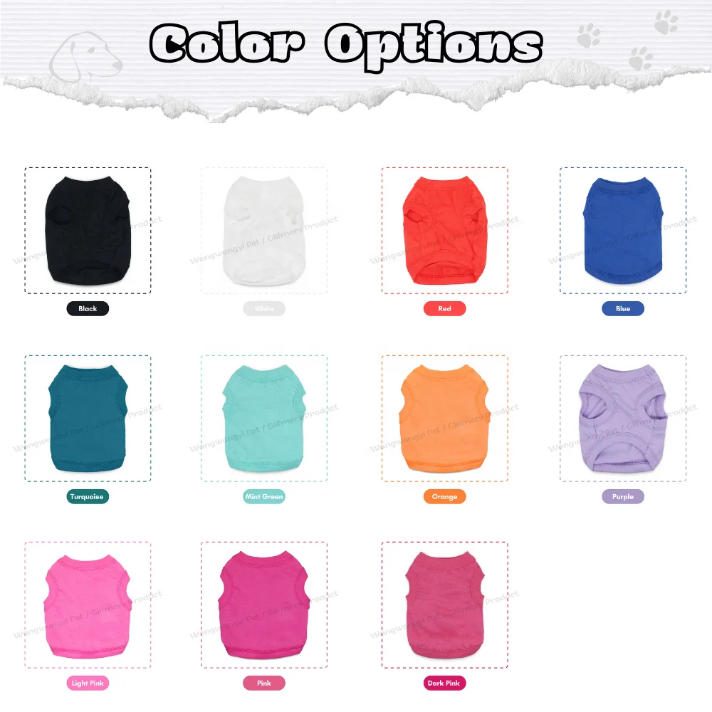 Wholesale 11 Colors Summer Dog T Shirts 100% Cotton Pet Blank Tshirt for Dogs and Cats