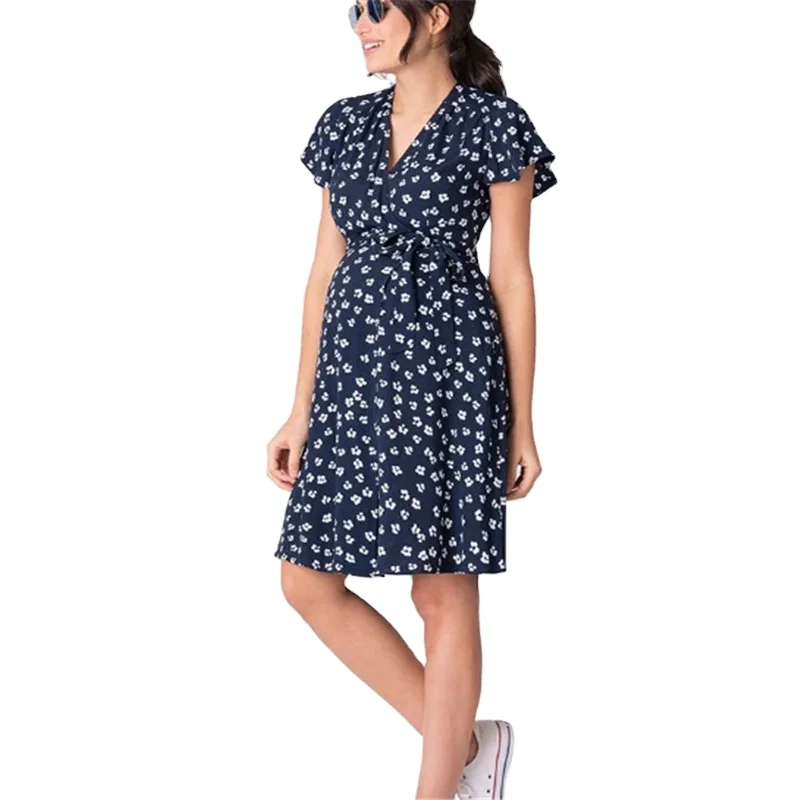 Navy Floral Wrap nursing breastfeeding clothes Maternity Dress woven midi dress