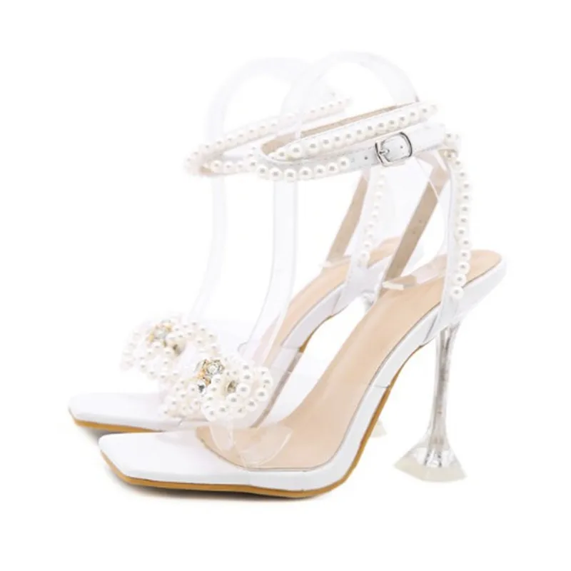 H0055 Ladies Women White Fashion Pearl Ankle Strap Open Toe Crystal Party Wedding Bride Sweet High Heels Shoes for woman
