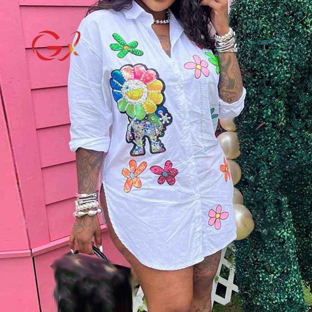 GX5310 Fashion High Quality New Elegant Temperament Bear Sequin Long Sleeve Tops Unique Ladies Blouse Shirts Women