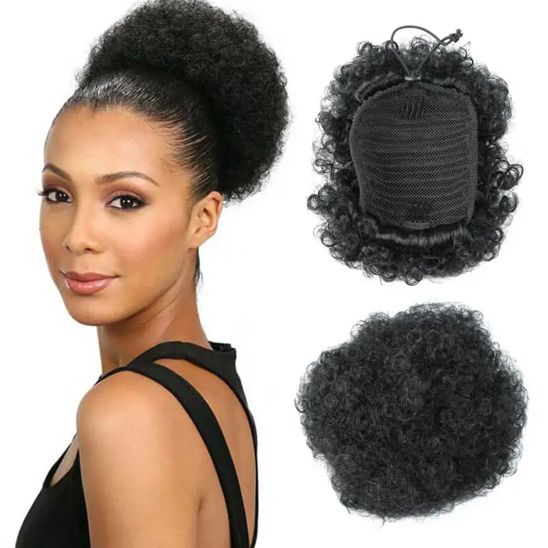 Cheap Afro Hair Bun Kinky Curly Chignon Synthetic Afro Puff Drawstring Chignon Ponytail