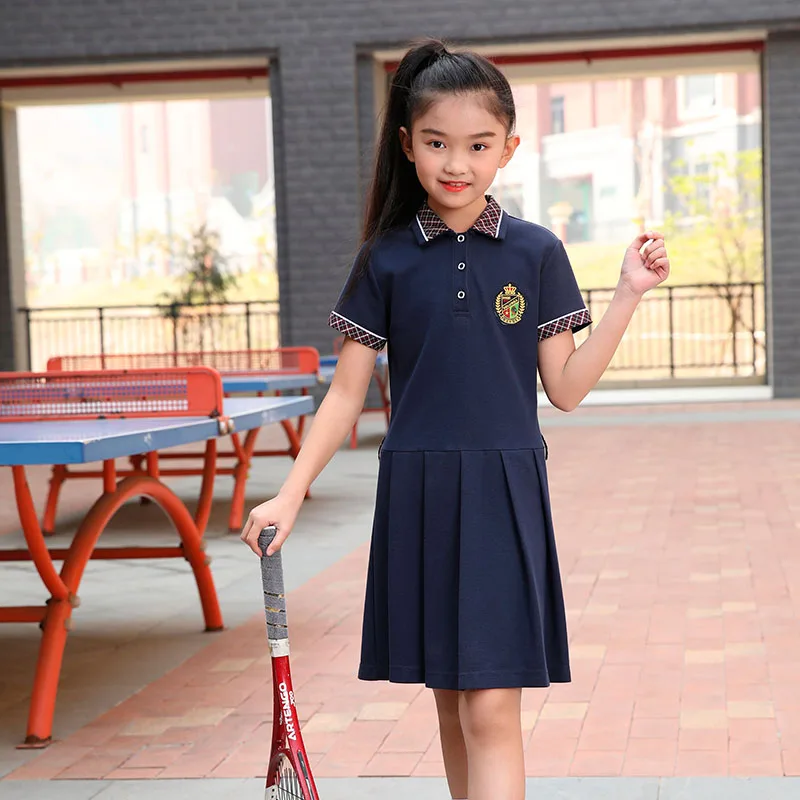 OEM-Сервис, трикотажная ткань, летняя темно-синяя одежда для девочек, спортивная одежда, платья поло с коротким рукавом