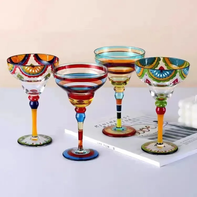 Hot sale creative painted margarita crystal glass tall triangle glass cocktail champagne flutes