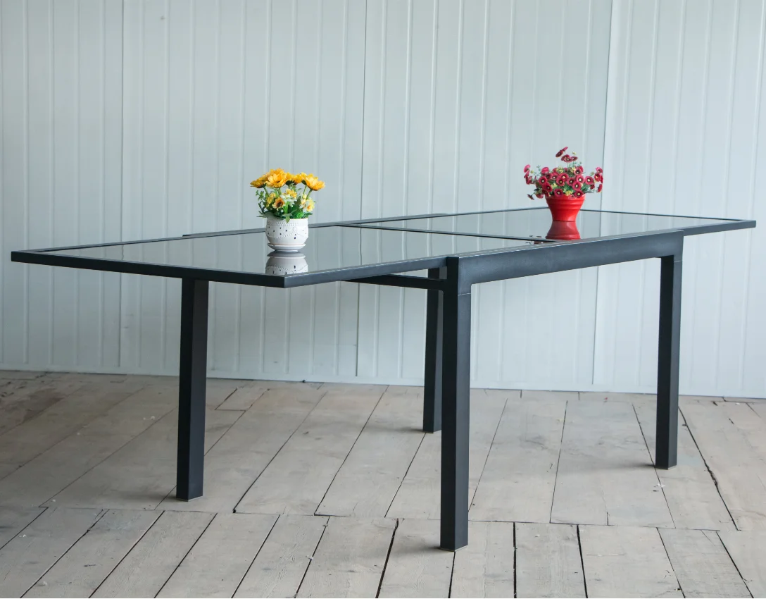 Алюминиевый уличный раздвижной металлический обеденный стол для внутреннего дворика, уличный двухслойный симметричный