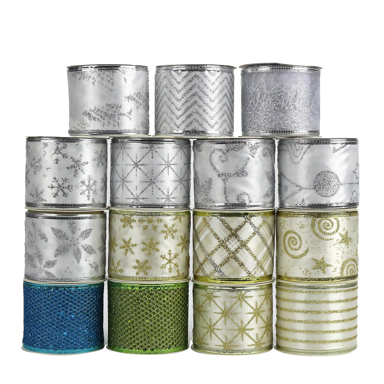 Huihuang Factory OEM Satin Burlap Sheer Assortment Glitter Wire Edge Christmas Ribbon