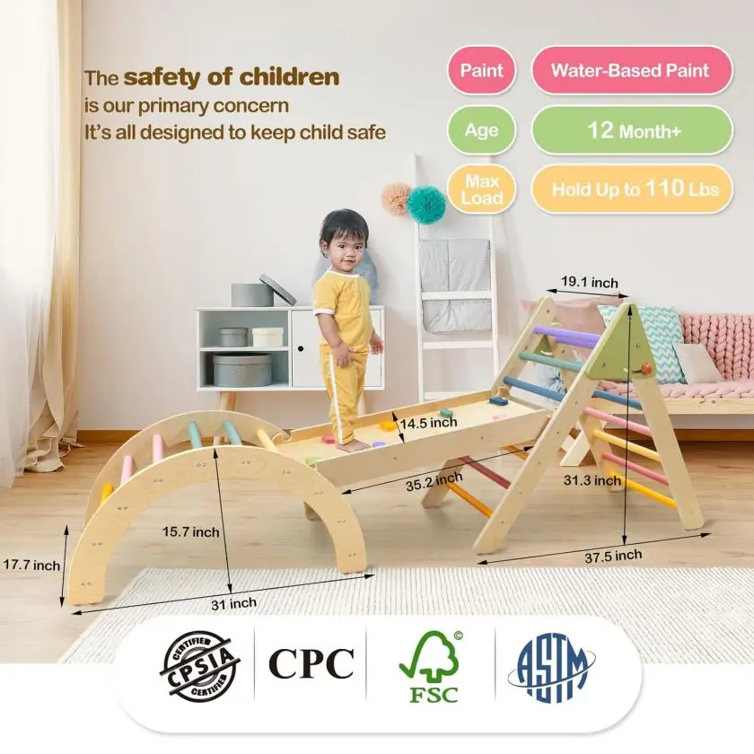Montessori Playground 4 in 1 Detachable Wooden Pickler Triangle Semicircle Climbing Frame and Slide