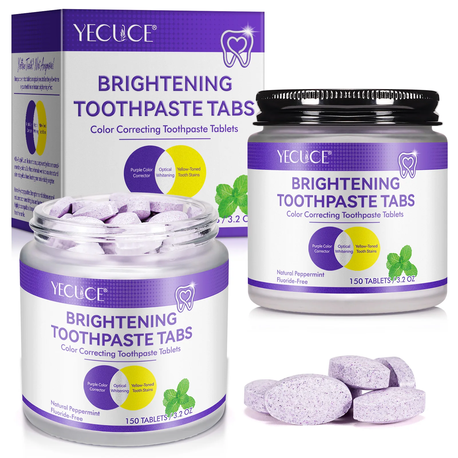 YECUCE peppermint 150 tablets strengthens whitens enamel solid whitening hydroxyapatite chewable toothpaste tablets