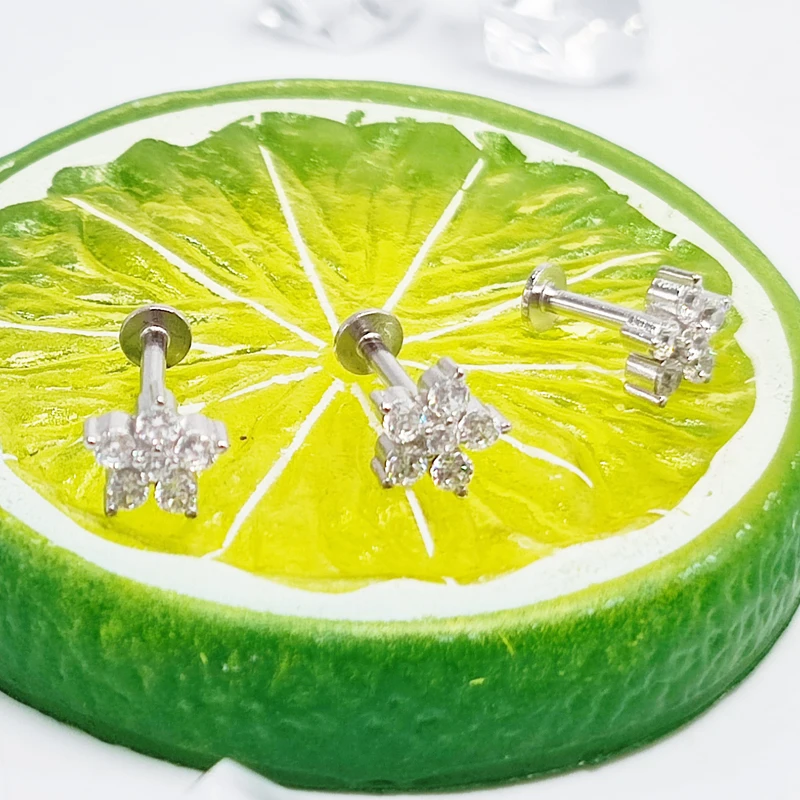 5pcs/lot 925 Silver Internally Thread Labret Lip Studs Rings CZ Ear Cartilage Tragus Helix Piercing  Body Jewelry 16G