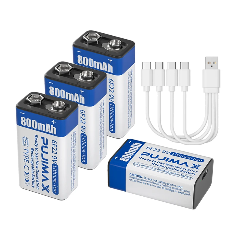 PUJIMAX 1pcs 9v lithium ion battery 6f22 li-ion batteries 800mah type c rechargeable battery 9v charger for electric guitar