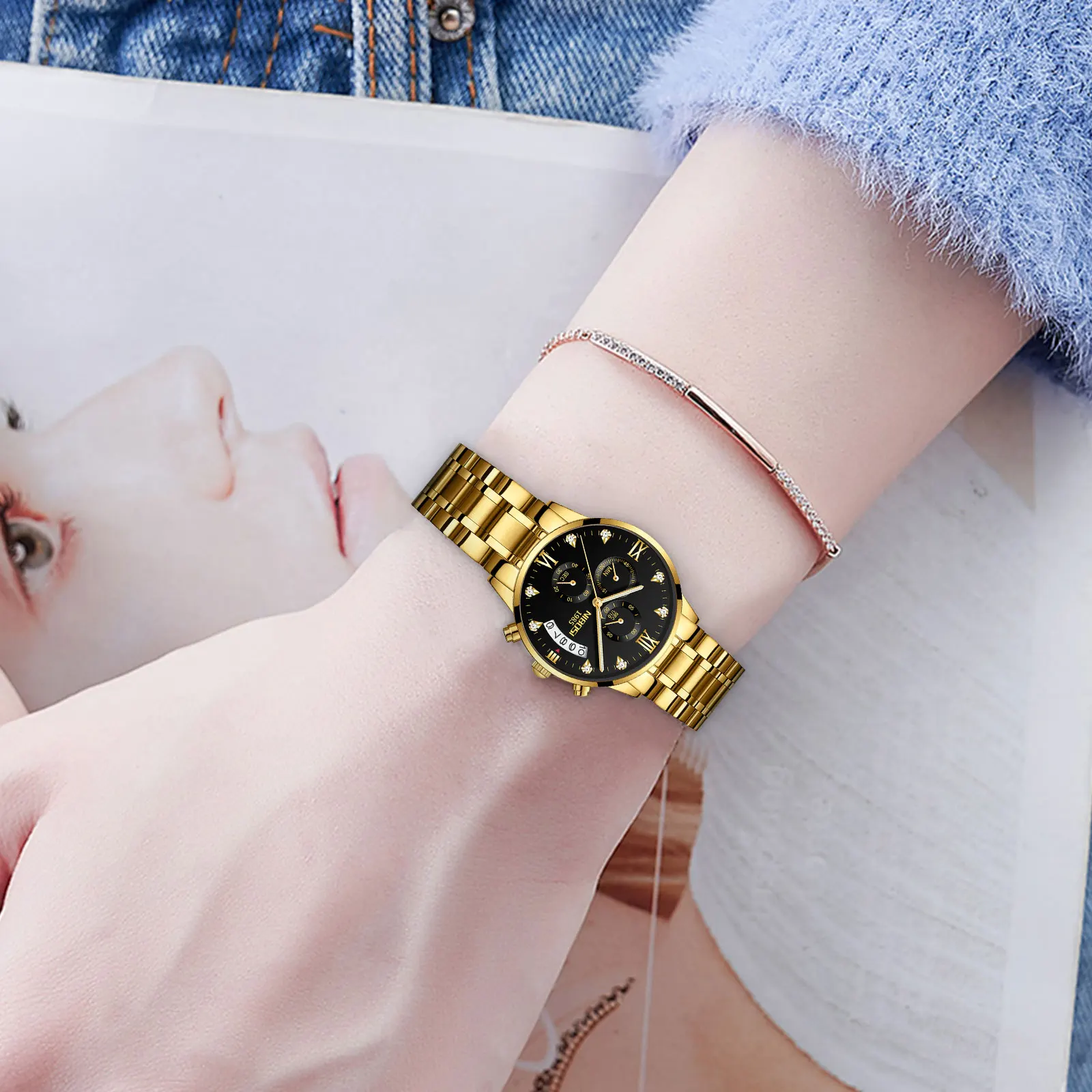 NIBOSI 2309-2  Luxury Women Men Quartz Stainless Steel Watch Couple Custom Brand Wristwatches with Diamonds