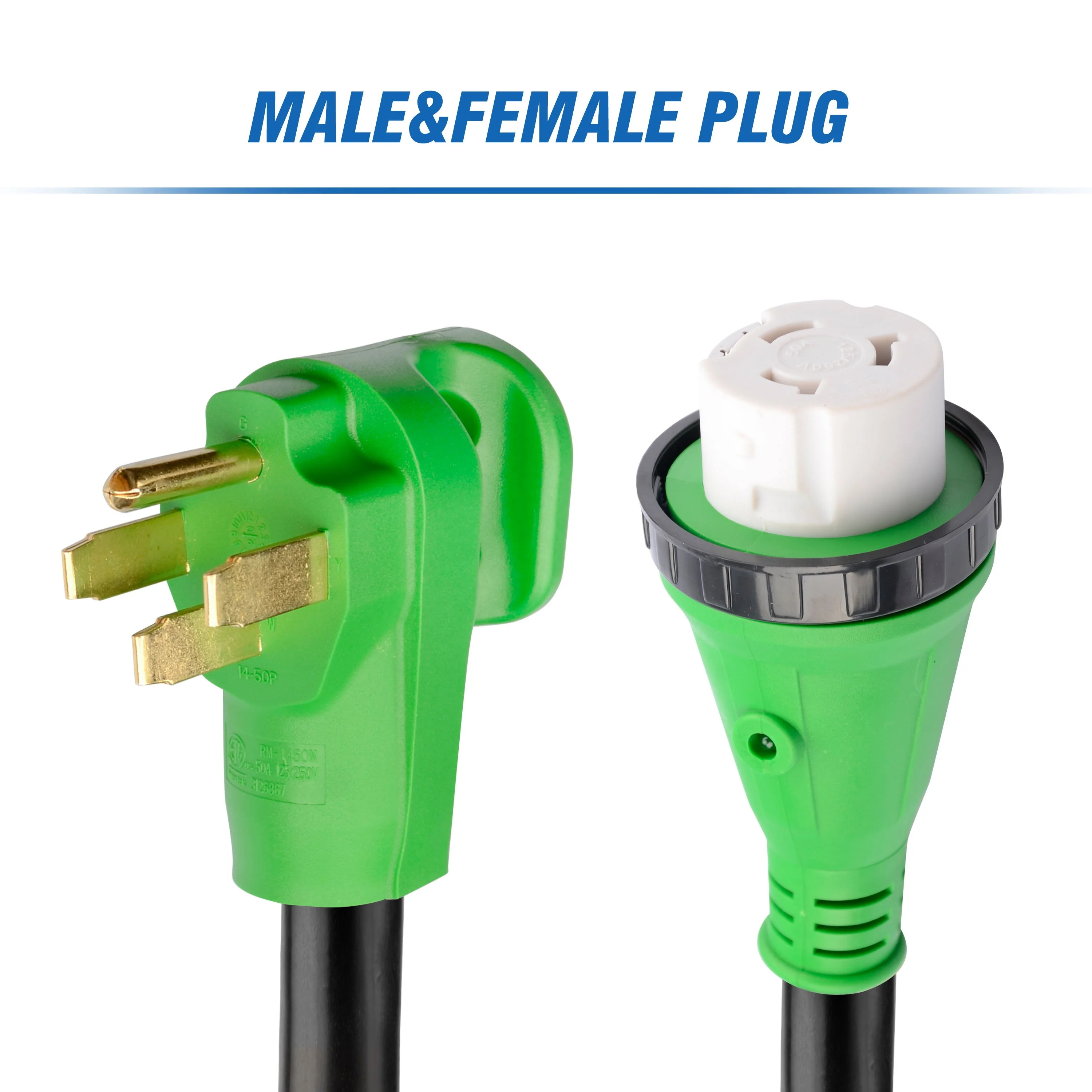 J521 50 Amp 50 Feet RV Power Extension Cord Heavy Duty STW Wire with LED Light NEMA 14-50P to SS2-50R Locking Connector Green