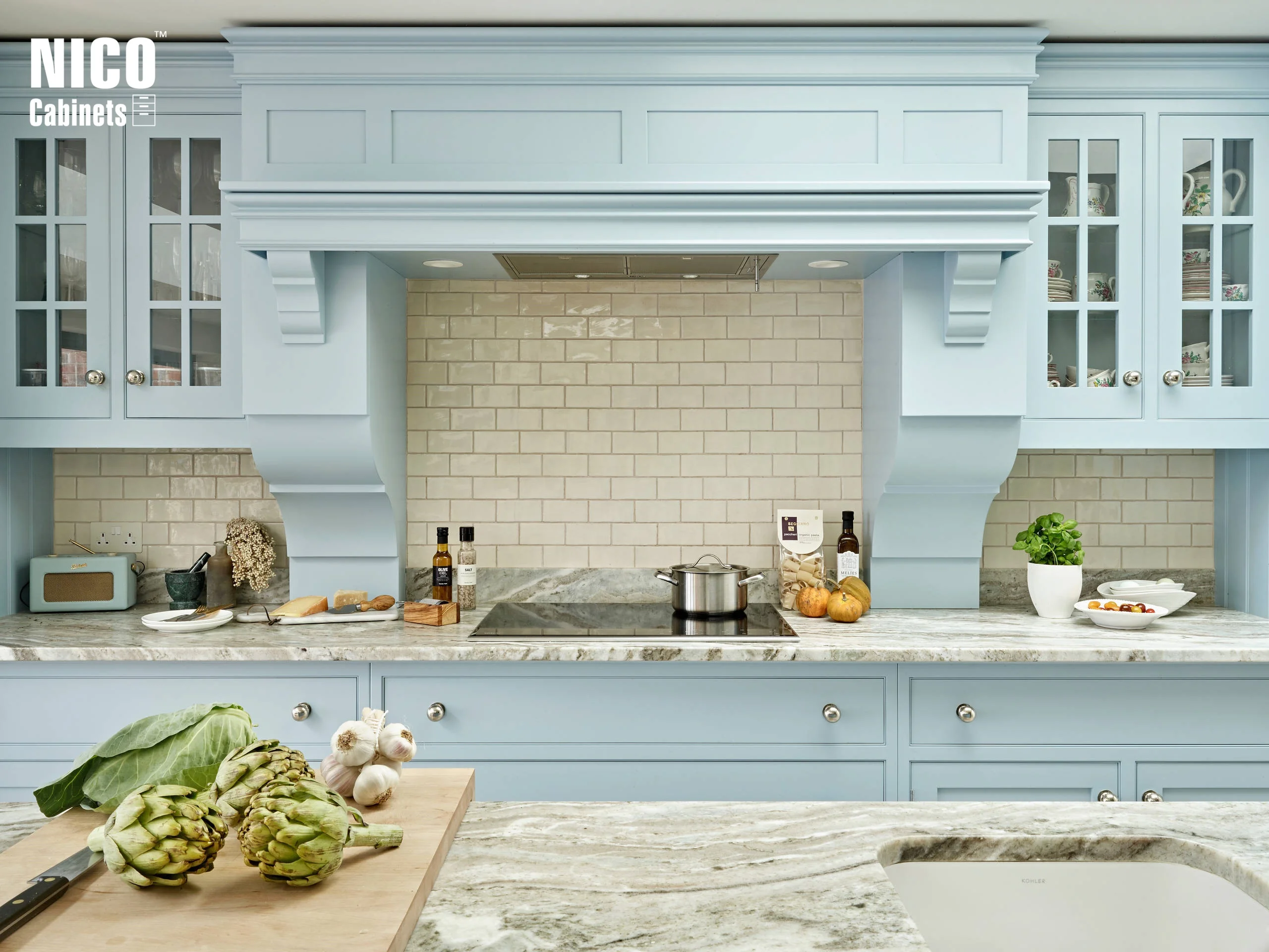 NICOCABINET Georgian Style Renovation Hampton Matt Blue Kitchen With Aurora Fantasy Granite Countertop