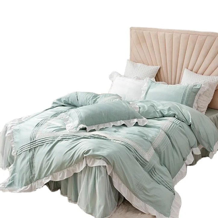 Princess Style Bedding Light Luxury Suit Lace Quilt Cover Sheet Four - piece Girl Heart Cotton Pure Cotton Bed Skirt Bedding AB