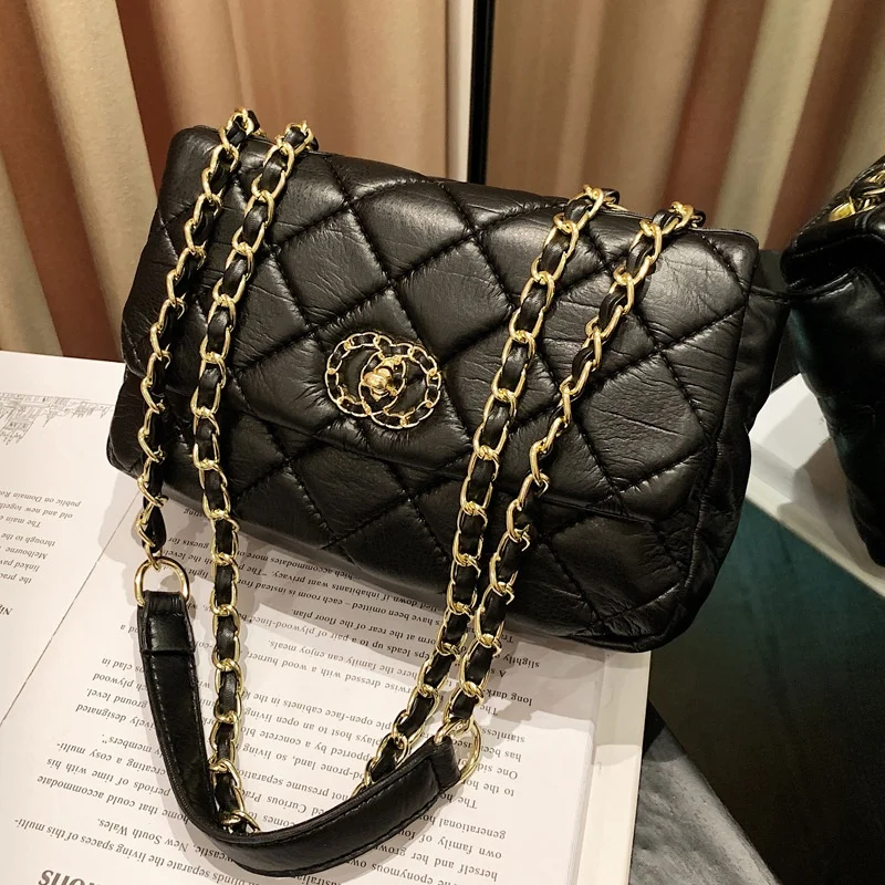 popular fashion women soft padded quilted flap cross body handbags with thick chain shoulder bags