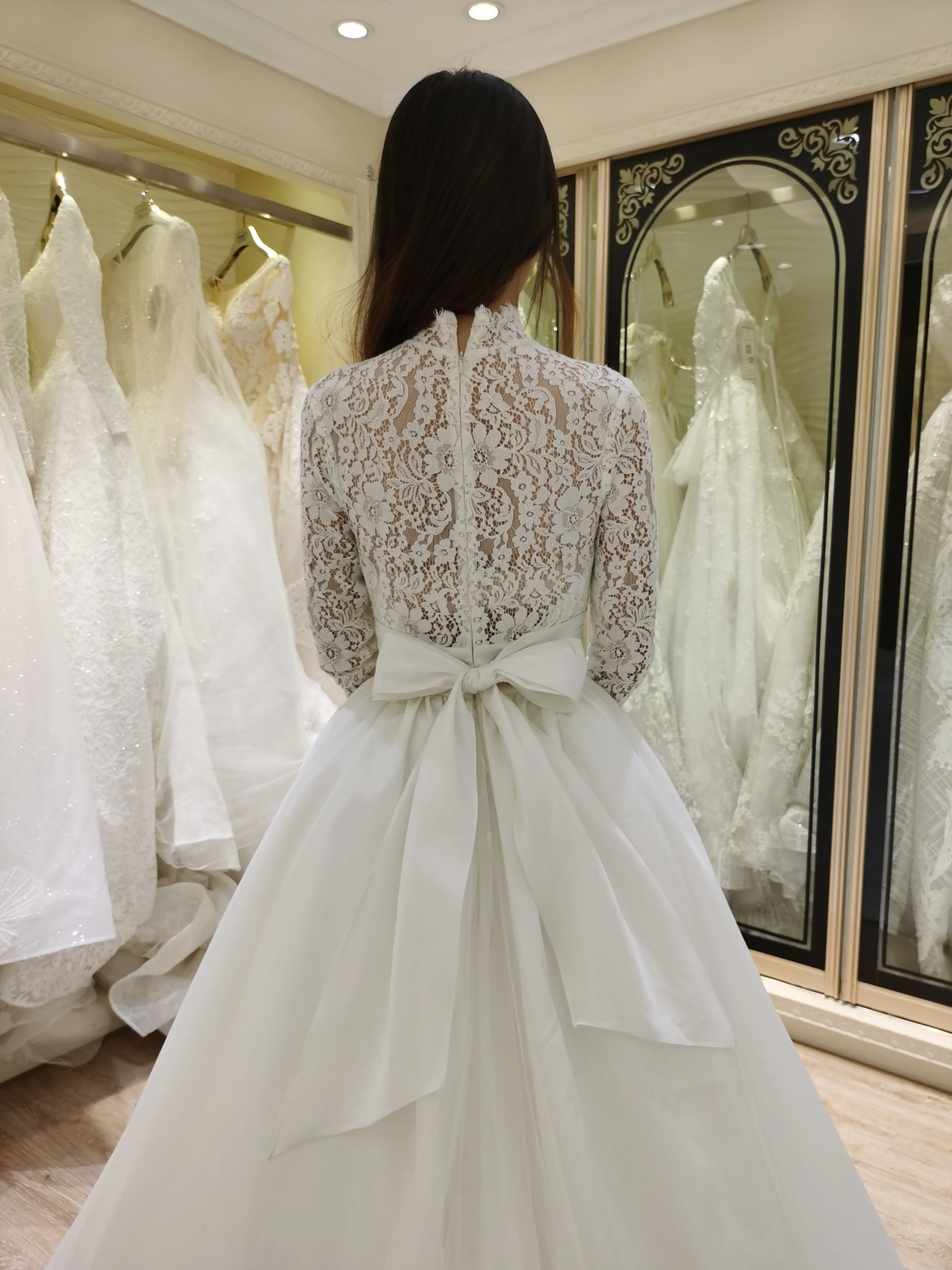 2021 long sleeve high neck muslim ball gown wedding dress bridal gown back big bow