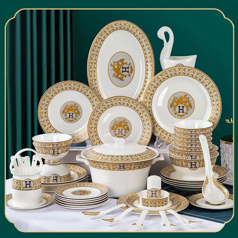 Jingdezhen Ceramic tableware set household ceramic bowls and plates set bone china bowls and plates h-mark mosaic tableware gift