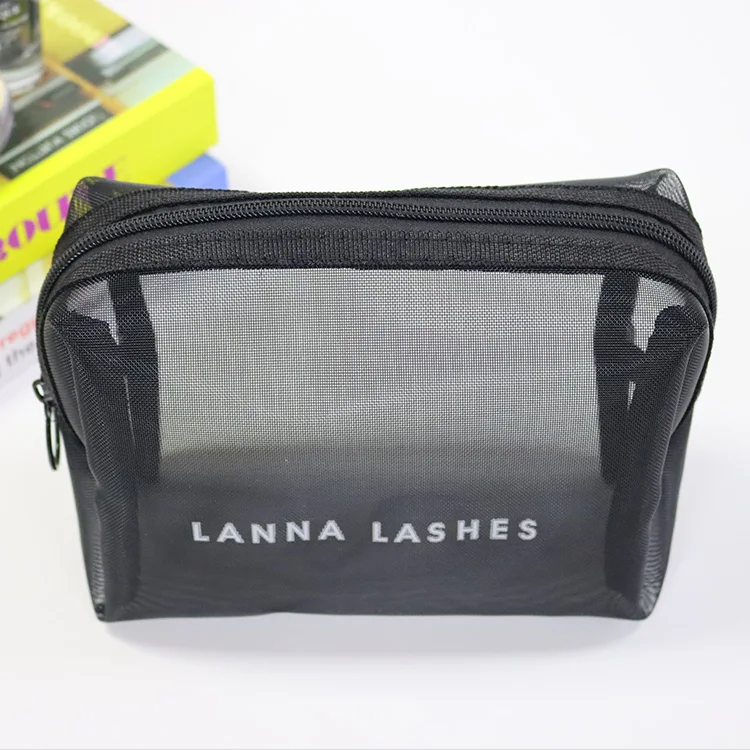 Оптовая продажа, многоразовая черная нейлоновая косметичка на молнии с логотипом на заказ
