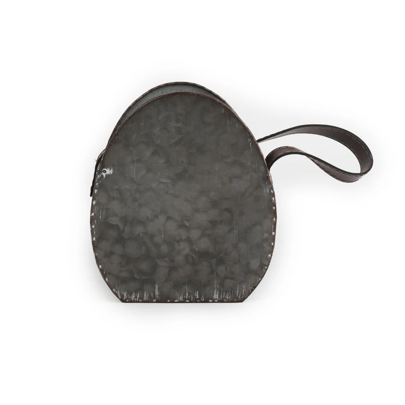 vintage galvanized metal egg shaped hanging iron flower pot with leather handle farmhouse garden container  packing/giftpacking