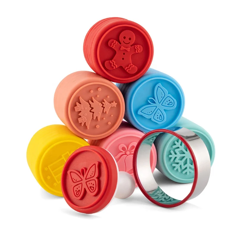 6pcs Silicone Wooden Handle Christmas Cookie Embosser Stamp Custom Mold Stamp silicone cookie stamp with wooden handle christmas