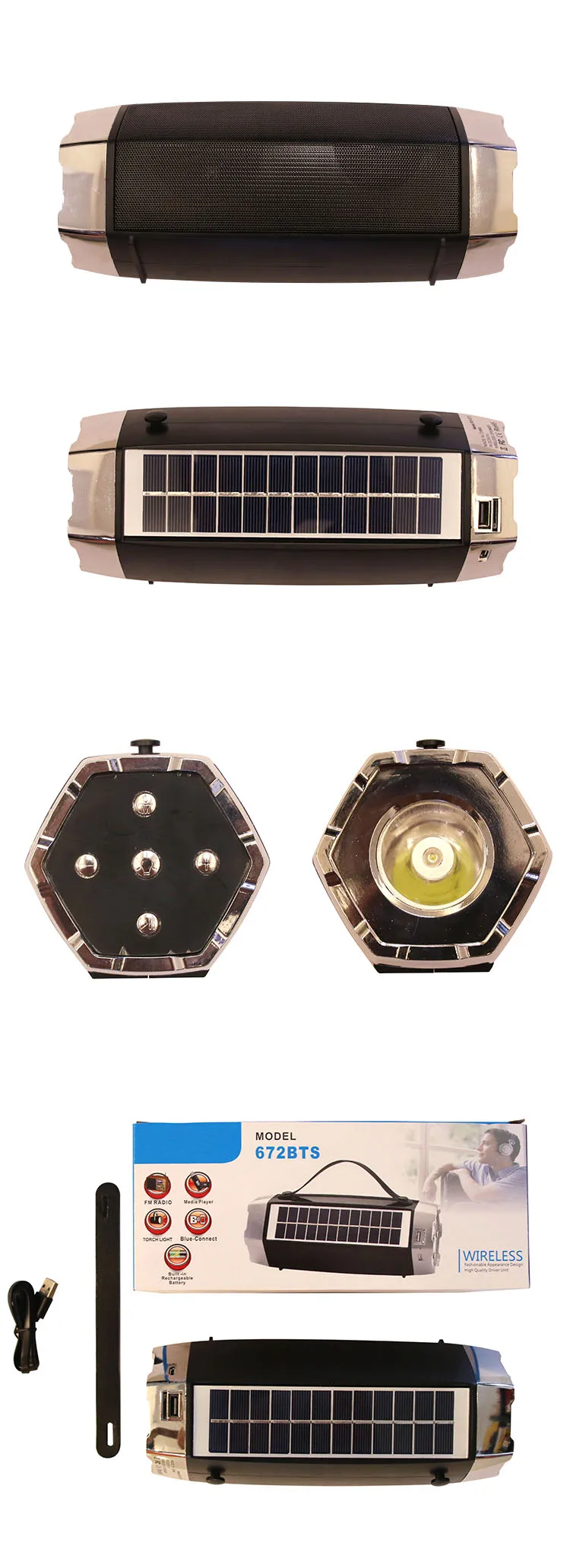 RS-672BT Manufacture high quality perfect sound fm radio blueteeth speaker with torch light  solar panel