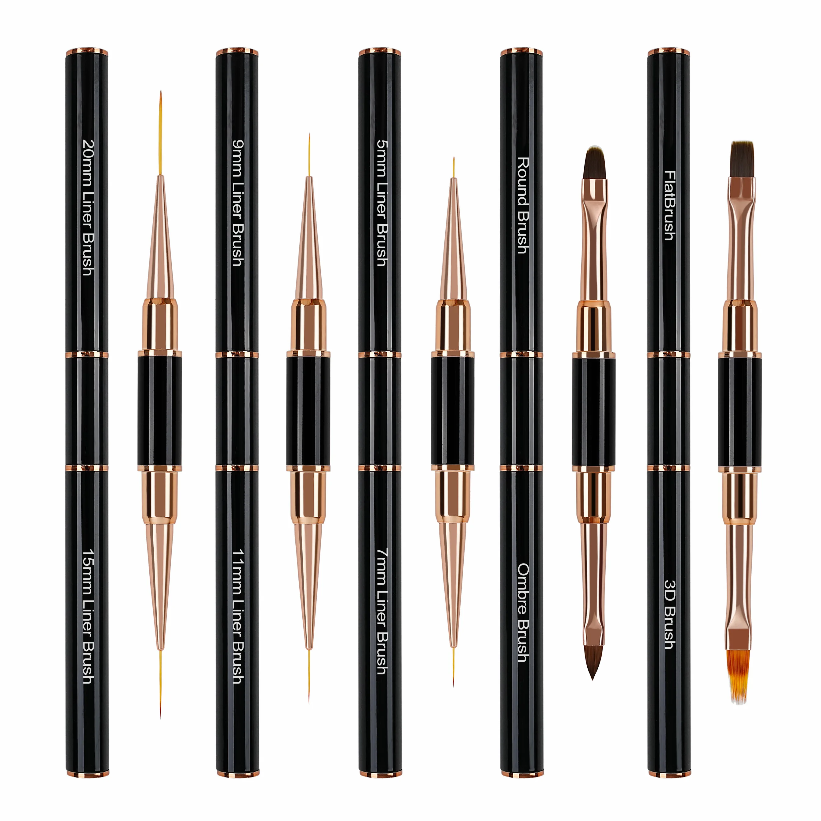Nail Salon Professional Double Ended Black Rose Gold Handle Line Nail Pen Brush With Nylon Hair