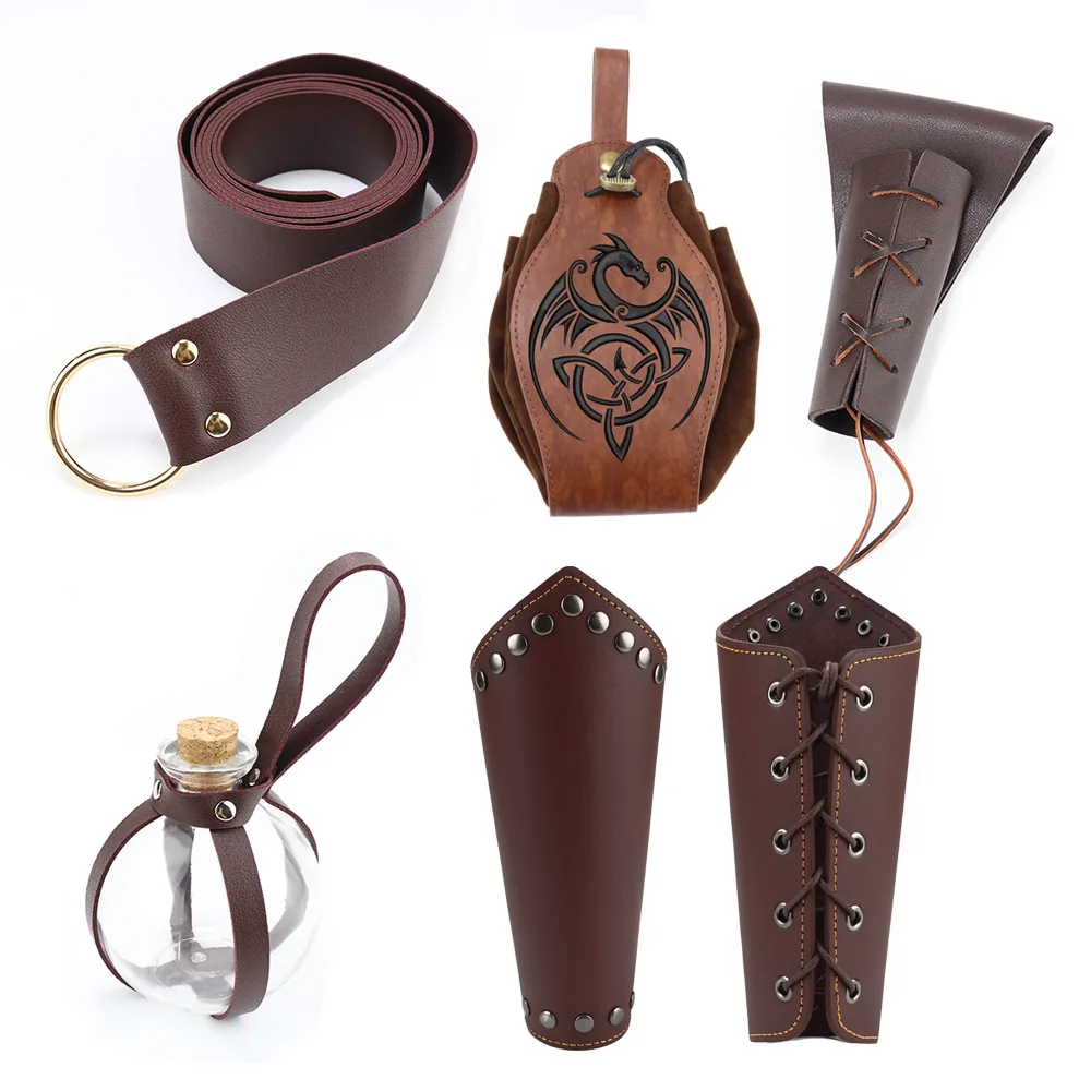 Wowei Medieval Viking Belt Leather Belt Bag Carnival Viking Knight Costume Renaissance Accessory Set COSPLAY Costume Props