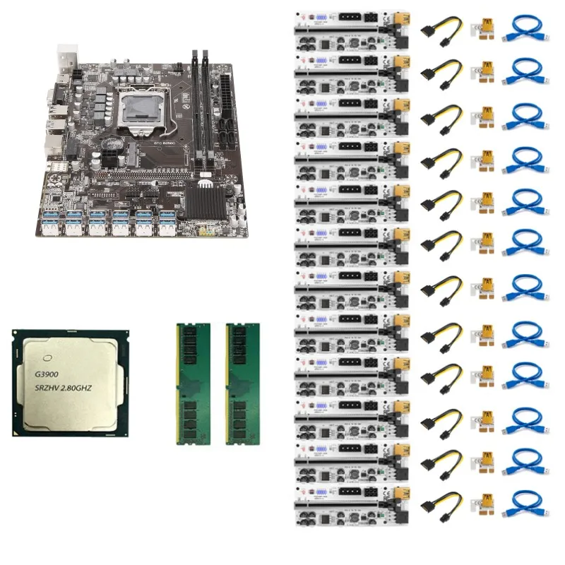 Hot Sell B250C 12 GPU Motherboard Set 12 PCIE to USB3.0 Graphics Card LGA1151 with DDR4 RAM G3900 CPU Processor Mainboard Combo