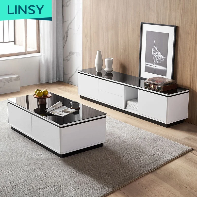 Linsy Simple Design Tv Cabenits Storage Drawers Tempered Glass Sideboards Tea Tale White Tv Stand And Coffee Table Set BI1M