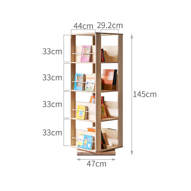 Montessori Daycare Kindergarten Library Solid Wooden Rotating Mobile Kids Book Magazine 4 Tiers Square Rack Bookshelf Furniture