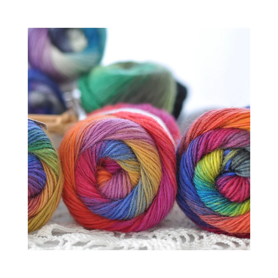 China factory wholesale gradient color rainbow pure wool yarn for hand knitting clothes hats scarves