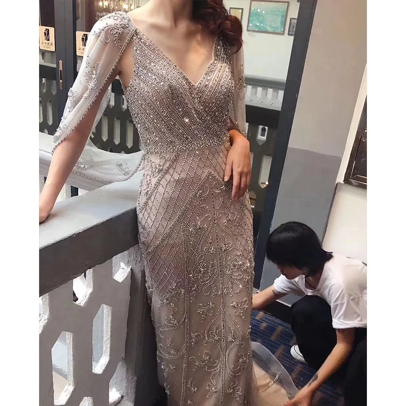 Silver 2020 NEW Design Sexy Hand Made Beading With Drape On Back V-Neck Mermaid Evening Dress