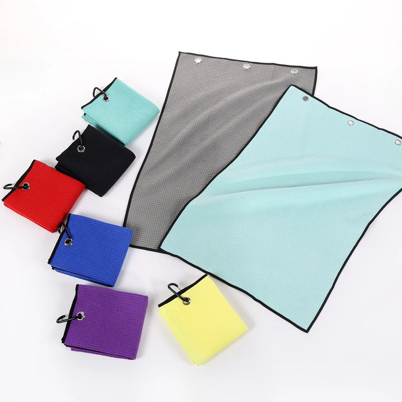 Golf Club Clip Hanging Loop Hand Towel Plain Color Golf Waffle Sport Towel Microfiber Golf Towels