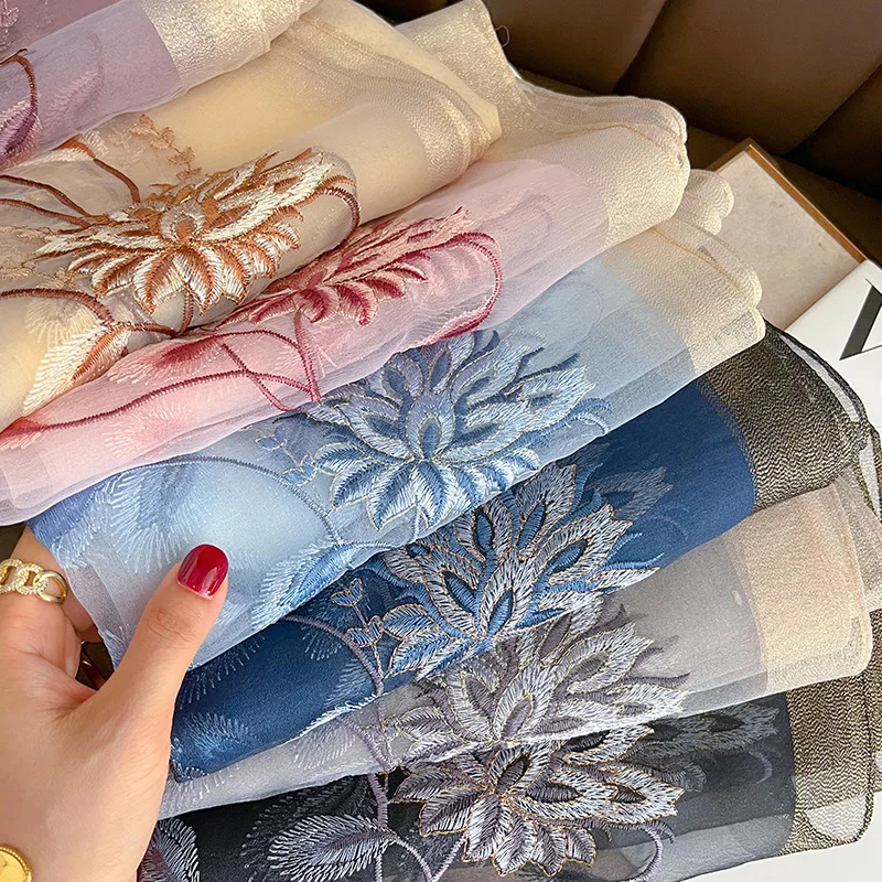 Wholesale Premium Embroidery 100% Pure Silk Scarf in Stock Elegant Flower Design Shimmer Edge Wool Blend Long Scarf for Ladies