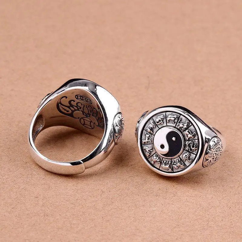 Yin Yang Rings For Men Chinese Horoscope Zodiac Spinning Signet Charm Adjustable Rotatable Fengshui Taichi Yinyang Bagua Ring