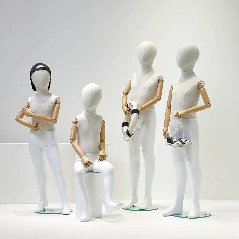 White fabric covered Sitting/Stand full body Mannequin with wooden arms Children dress form manikin Child Clothing Store Display