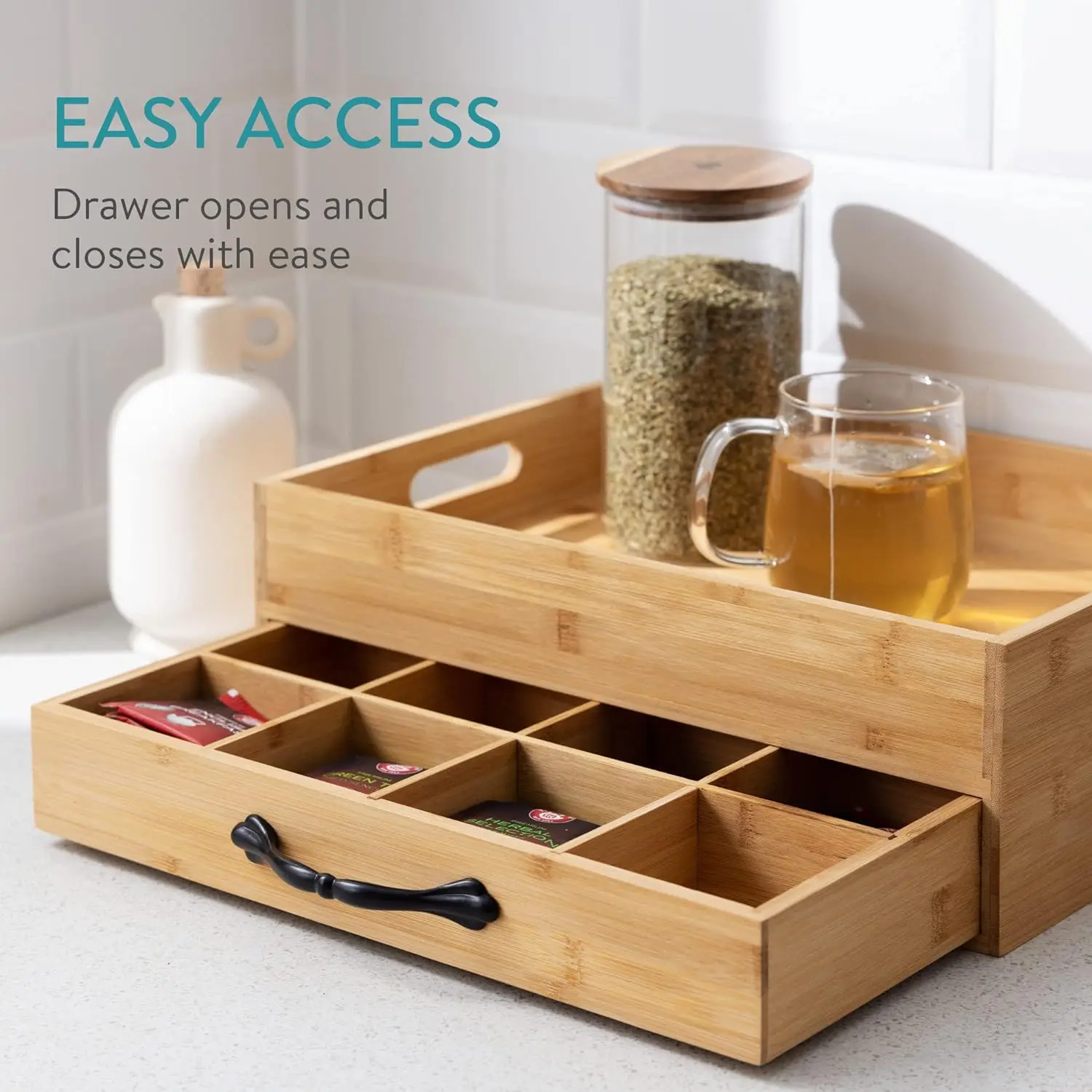 Bamboo Tea Box and Serving Tray with Storage for Tea Bags Organizer Drawer 12 Compartment Tea Storage with Carry Tray