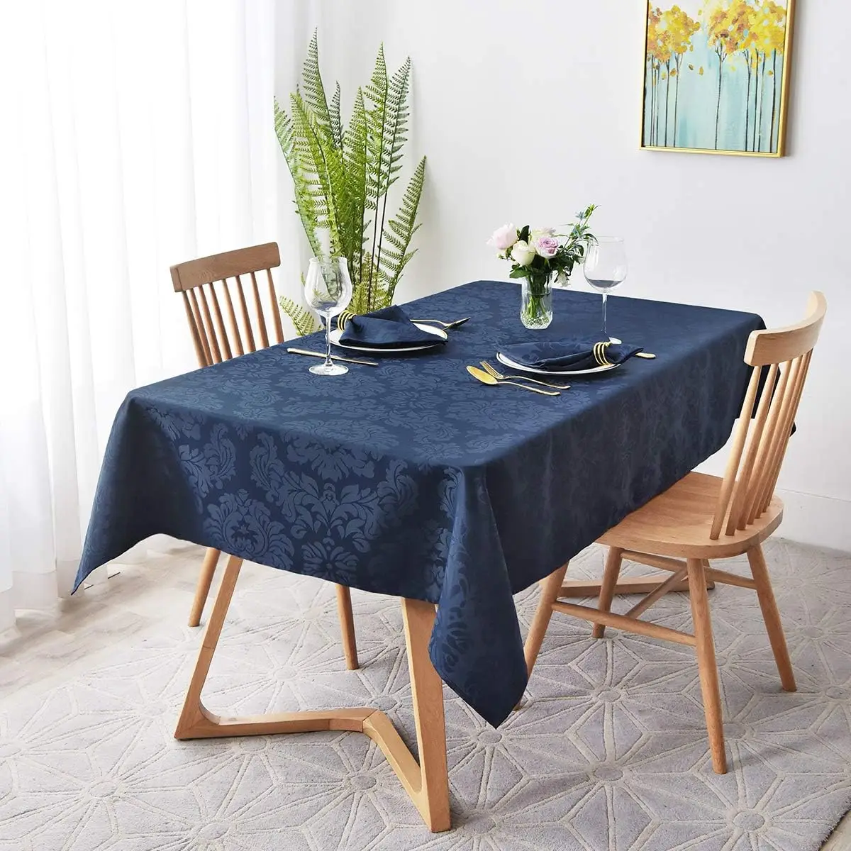 Skymoving New Custom Cheap Navy Blue Waterproof Table Clothes Rectangular Jacquard Polyester Tablecloths Fabric for Decoration