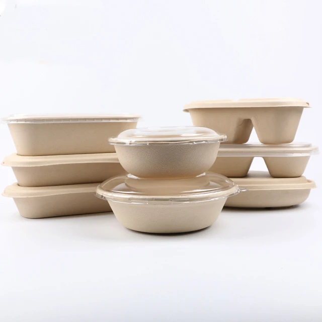 850ml Biodegradable Disposable Wheat Straw Pulp Food Container Double Compartment with Lid Eco-Friendly Paper for Camping