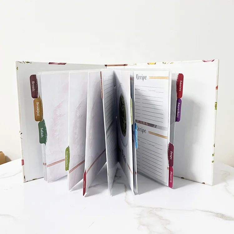 Custom Digital Printing 3 Ring Binder Loose Leaf Recipe Cooking Book with 8 Dividers Offset Paper and Duplex Board Material