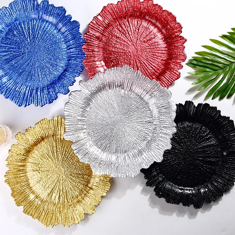 13-дюймовые стеклянные тарелки для зарядного устройства с цветочным рифовым дизайном круглые оборками обедов свадебной вечеринки