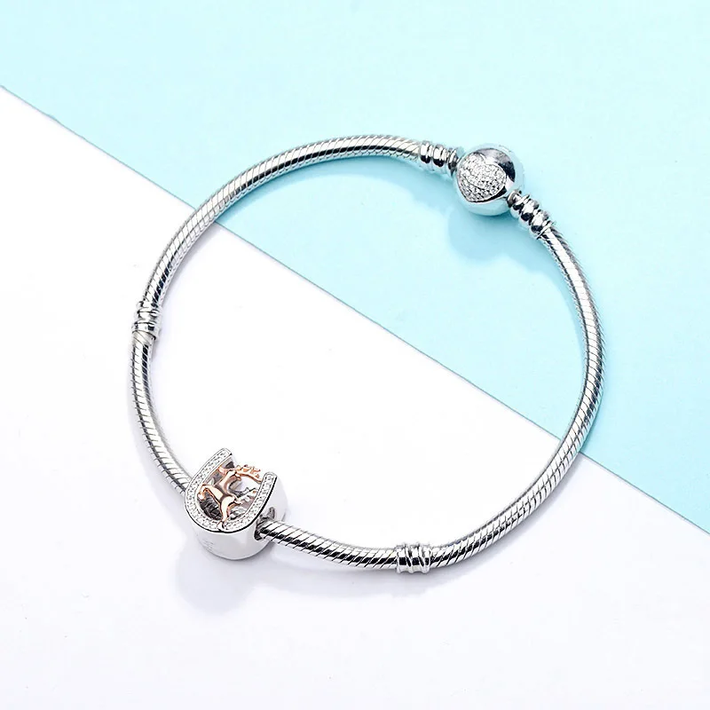  925 Sterling silver zircon pave horseshoe deer charms beads fit bracelet making for