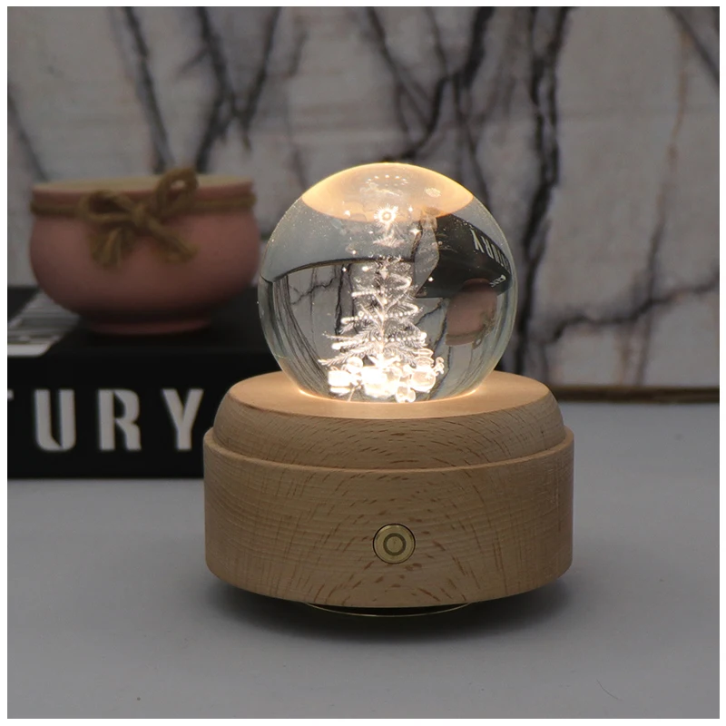 Hot Selling Christmas Tree Crystal Ball Night Light Rotating Music Box Wooden Base For Christmas Gift Bed Decoration