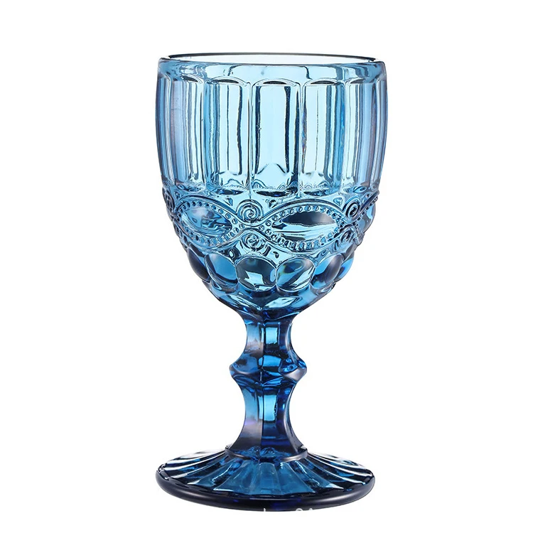 Wholesale Reusable 2023 New Gifts Party Wedding Vintage Embossed Design Wine Glasses Blue Colored Goblet Glass