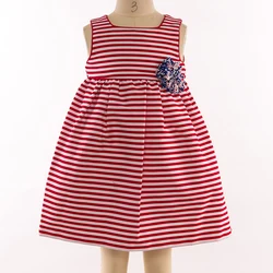 Finalz Wholesale Summer kids woven red and white stripe polyester flowers Sleeveless girls dress
